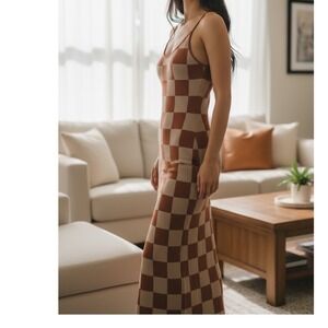 NEW Terracotta Checkerboard Knit Bodycon Maxi Dress Small Sleeveless Adj Straps
